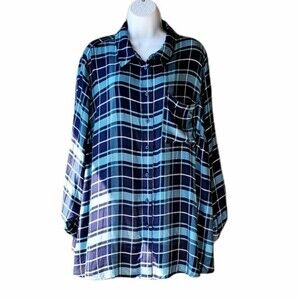 Lane Bryant Blue Plaid Womens Button Down Roll Tab Long sleeve Pocket Blouse NWT
